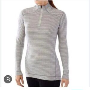 Smartwool Women's Striped Merino wool quarter zip fitted Gray & White